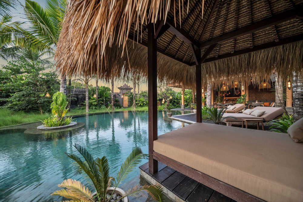 Organically shaped main pool surrounded by tropical planting